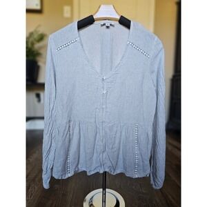 Calligraphie Blue White Striped Linen Blend Peplum Button Front Blouse Medium